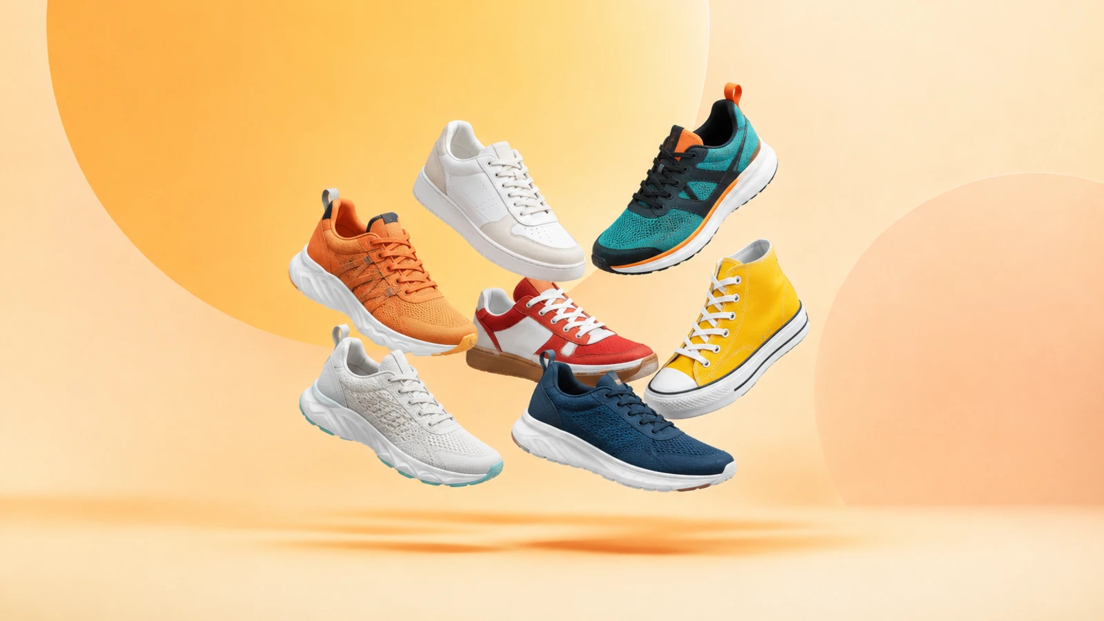 Koleksi sepatu sneaker, running, dan kanvas warna-warni